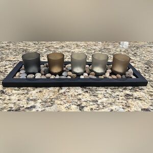 Decorative Glass Five Tea-light Candleholder w/ Rocks and Black Wood Base